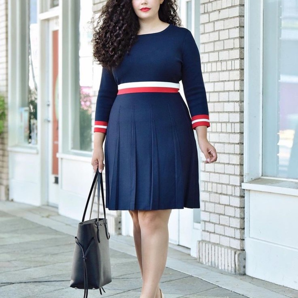 Tommy Hilfiger Knit Navy Stripe Pleated Dress, Like New, Size XL